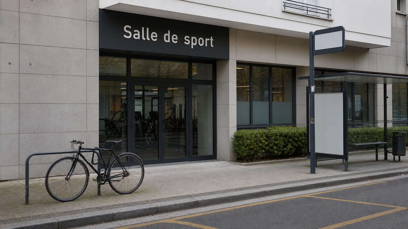 Entrée de salle de sport proche d'un arrêt de transport et d'un vélo attaché