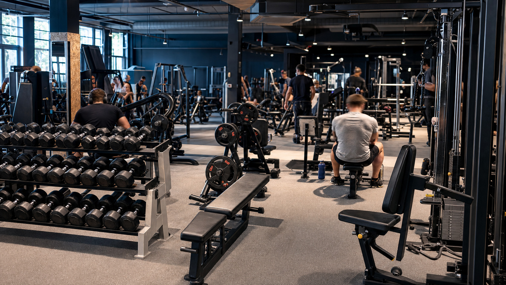 Plateau de musculation occupé en heure de pointe avec matériel rangé