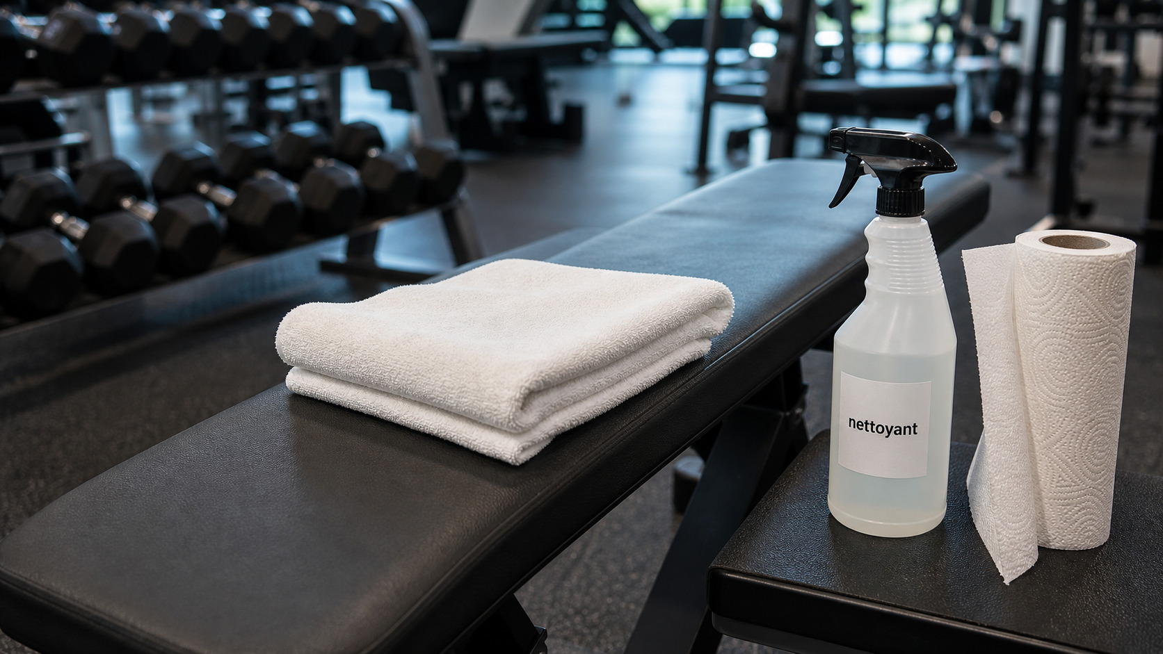 Serviette propre posée sur un banc de musculation avec spray nettoyant