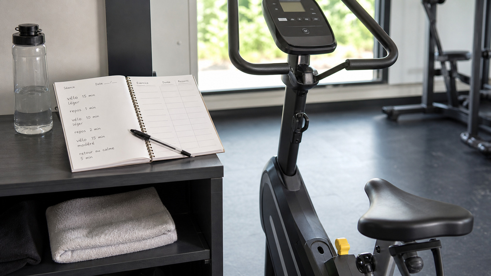 Début de séance sur vélo d'appartement avec carnet d'entraînement ouvert